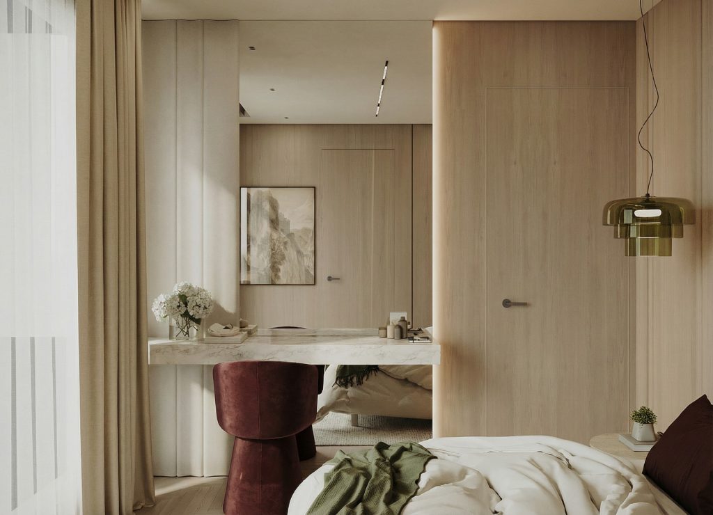 A modern mirror space in the guest bedroom, designed with clean lines and subtle detailing, enhancing the room’s depth and brightness while reflecting a soft, elegant aesthetic that complements the overall calm and welcoming atmosphere