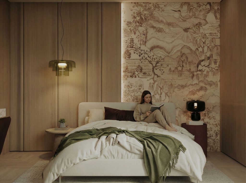 A modern guest bedroom centered around a beautifully styled bed, featuring a calm and inviting design with soft neutral tones, layered textures, and subtle contemporary detailing that creates a warm, welcoming, and restful atmosphere