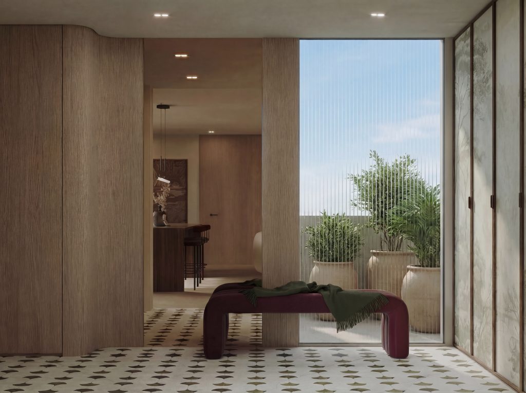 A close-up view of the entrance detailing, highlighting the thoughtful material transitions and minimalist design elements that set a sophisticated and inviting tone from the very first impression