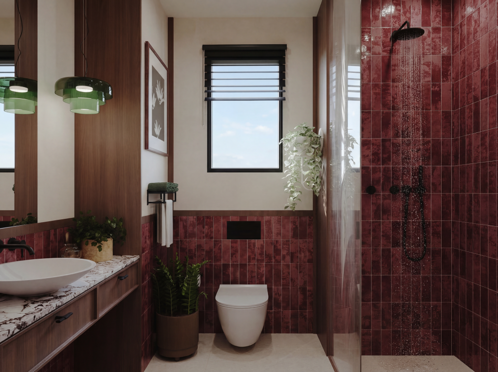 Modern bathroom with toilet area, bold red tiles, and integrated storage cabinet design