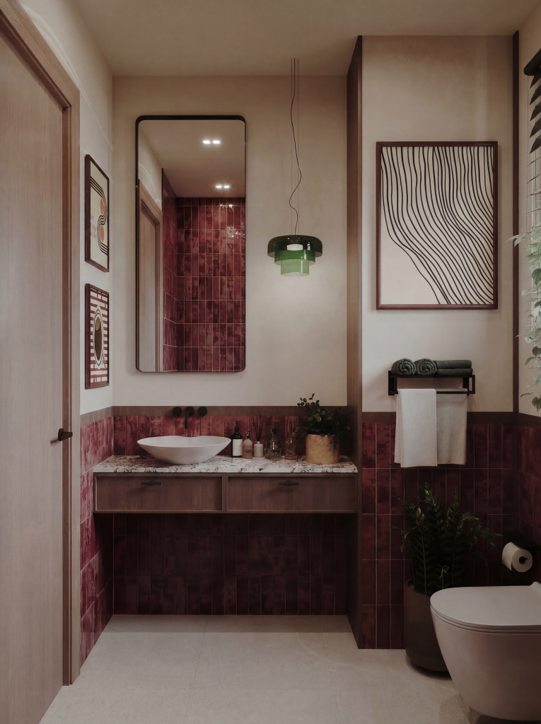 Contemporary bathroom with freestanding bathtub accented by rich red tile feature wall