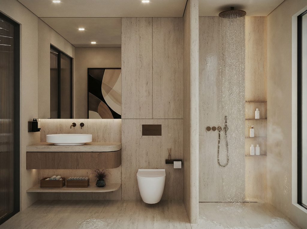 A modern master bathroom finished in warm travertine, featuring clean minimalist detailing and soft natural tones, creating a calm, elegant, spa-like atmosphere that emphasizes texture, light, and simplicity