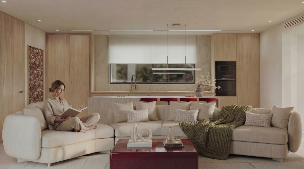 Open-plan living space with light neutral tones and clean modern design creating an airy, cohesive atmosphere