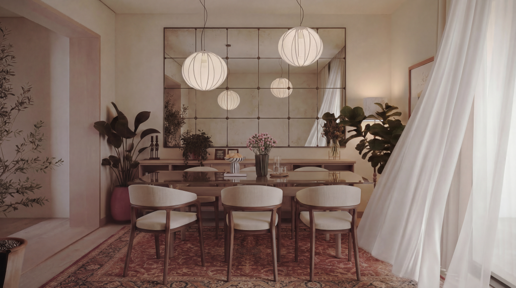 Dining area blending mid-century and modern design with statement mirrors enhancing the space
