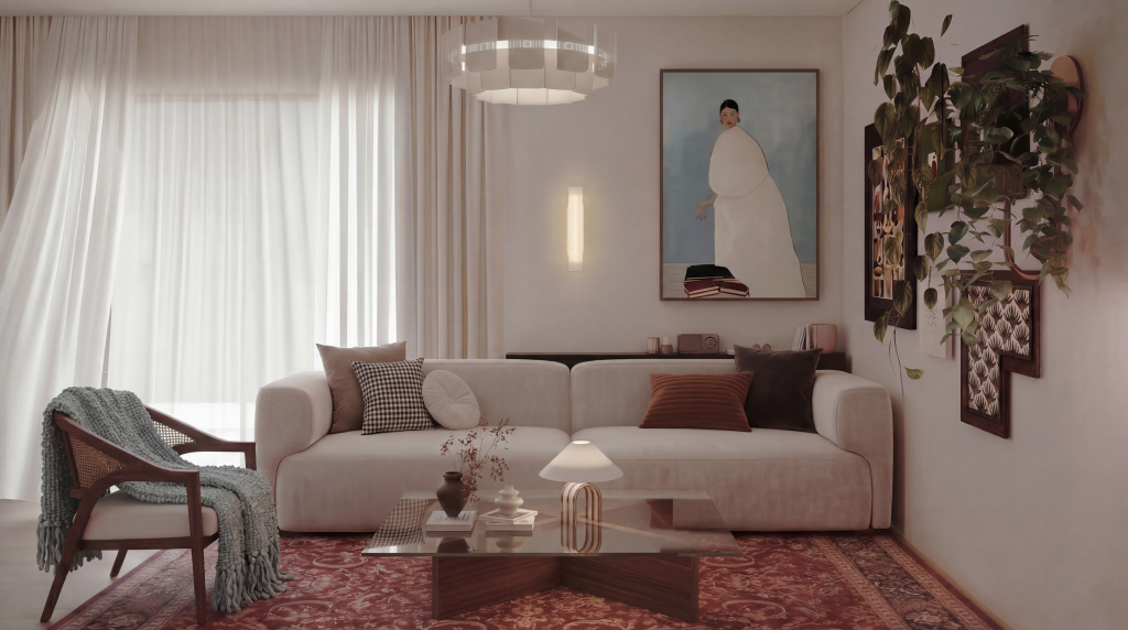 Sunlit modern mid-century living room with warm wood tones and soft natural lighting