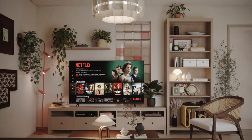 Wooden TV unit with decorative styling and clean modern lines in a cozy living space