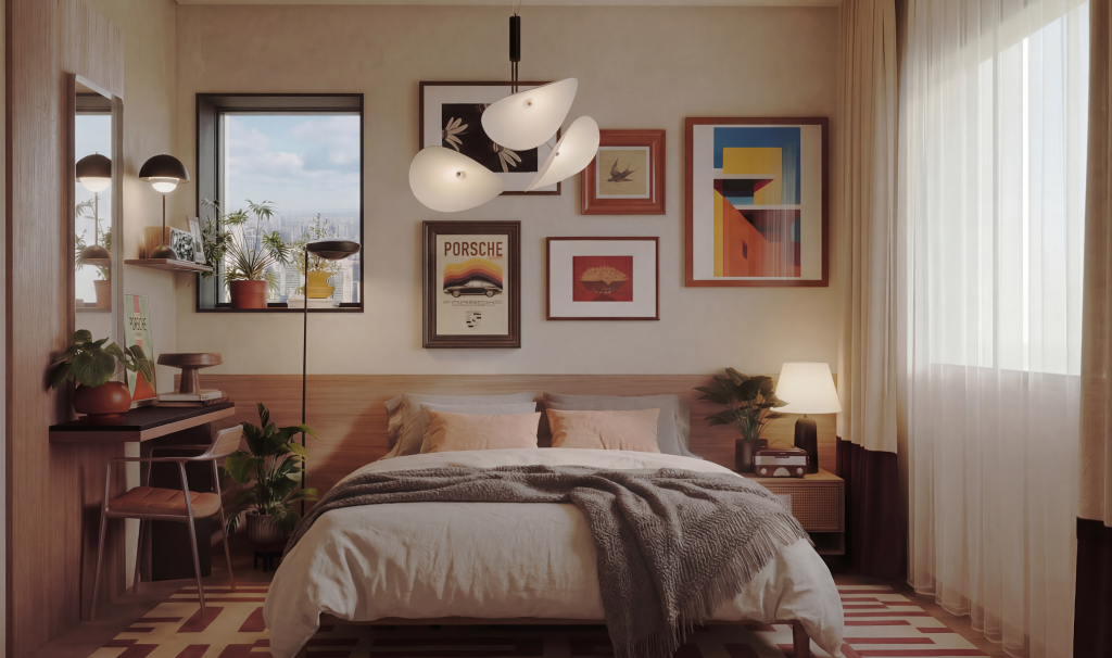 Master bedroom with modern upholstered bed and statement contemporary artwork above the headboard