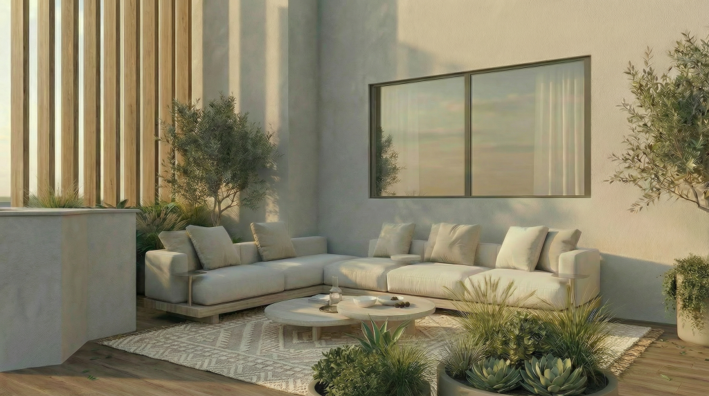 A modern balcony seating area designed with a light, minimalist setup that enhances comfort and openness, featuring clean-lined outdoor furniture and a calm neutral palette that invites relaxation while blending seamlessly with the surrounding architecture.
2) Balcony view:
An open balcony view overlooking the surrounding landscape, framed by contemporary architecture that maximizes openness and natural light, creating a seamless connection between indoor living