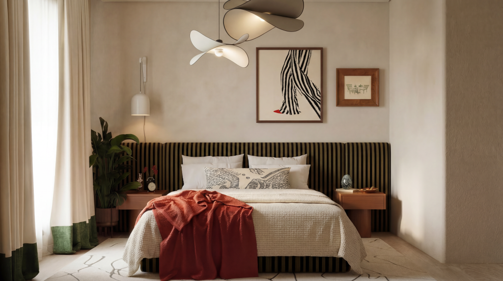 Modern guest bedroom with clean lines and vibrant color accents adding a playful touch