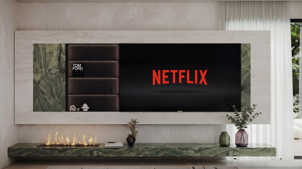 Modern TV unit featuring green marble and travertine finishes with a refined, contemporary aesthetic