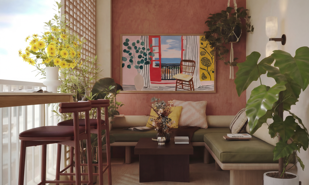 Cozy balcony seating setup with modern outdoor furniture and warm styling details