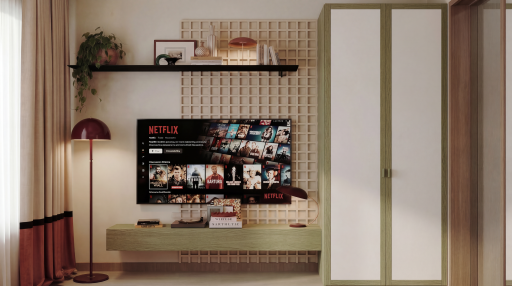 Wooden TV unit in master bedroom with sleek modern styling and warm ambient tones