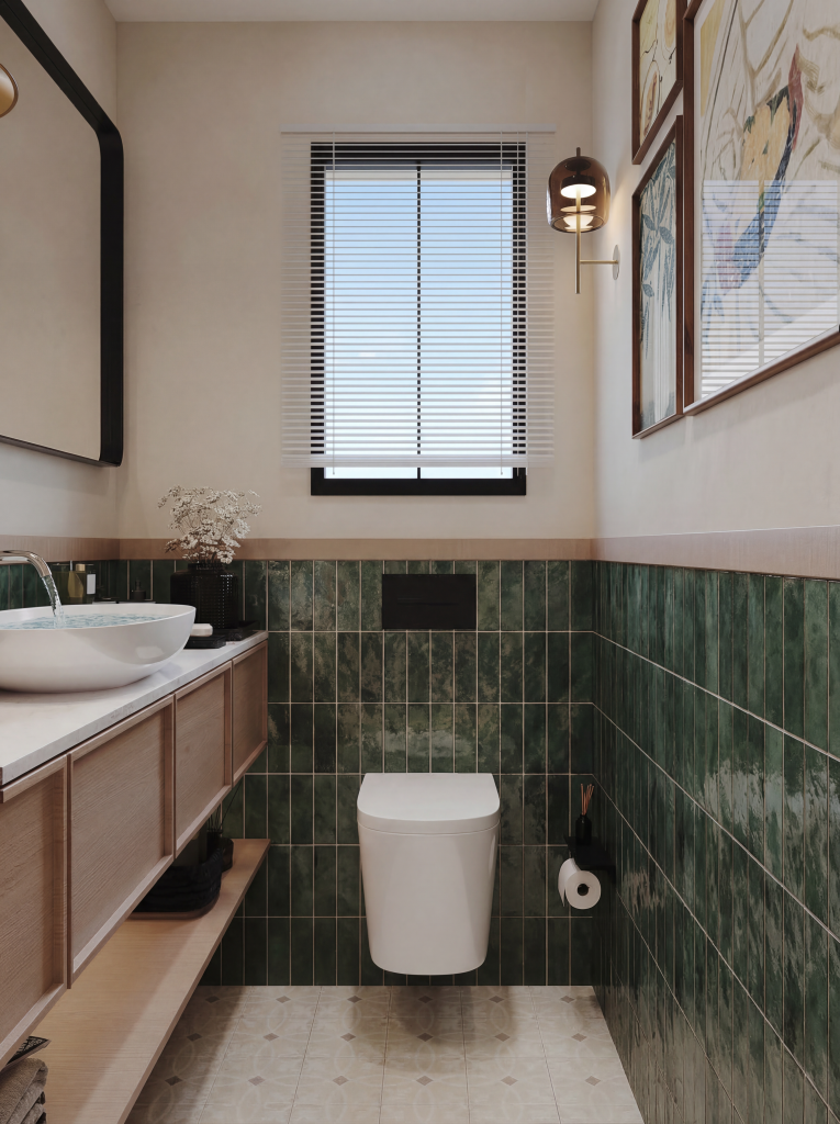 Guest bathroom with fresh green tile finish and contemporary minimalist design
