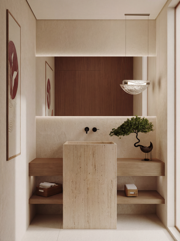 Close-up of travertine bathroom surfaces paired with matte black fixtures for a bold contemporary contrast