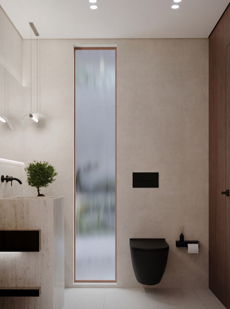 Main guest bathroom with travertine finishes and sleek black accessories in a modern refined design