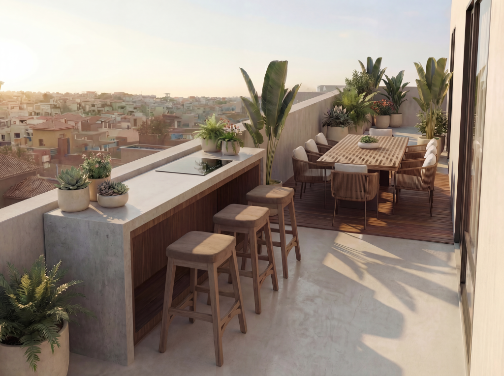 An open balcony view overlooking the surrounding landscape, framed by contemporary architecture that maximizes openness and natural light, creating a seamless connection between indoor living and the outdoors