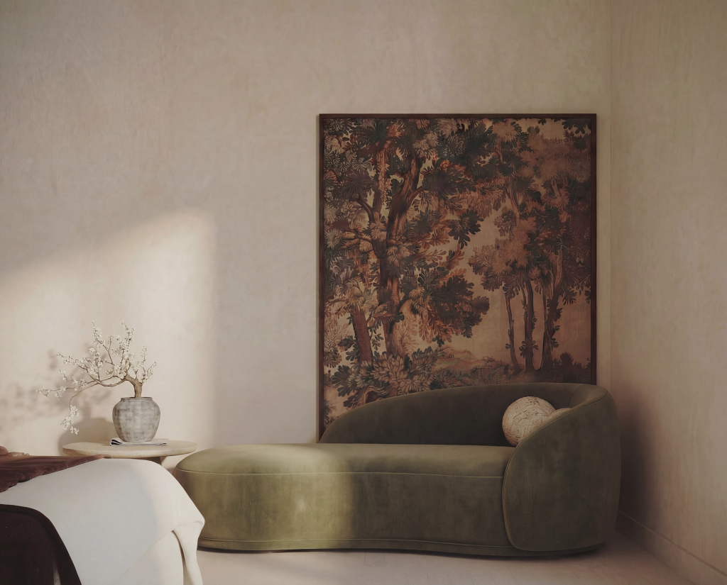 A contemporary upholstered sofa placed in the dressing room, designed in soft neutral tones with clean lines, adding a subtle touch of comfort and elegance within a refined, well-organized wardrobe space