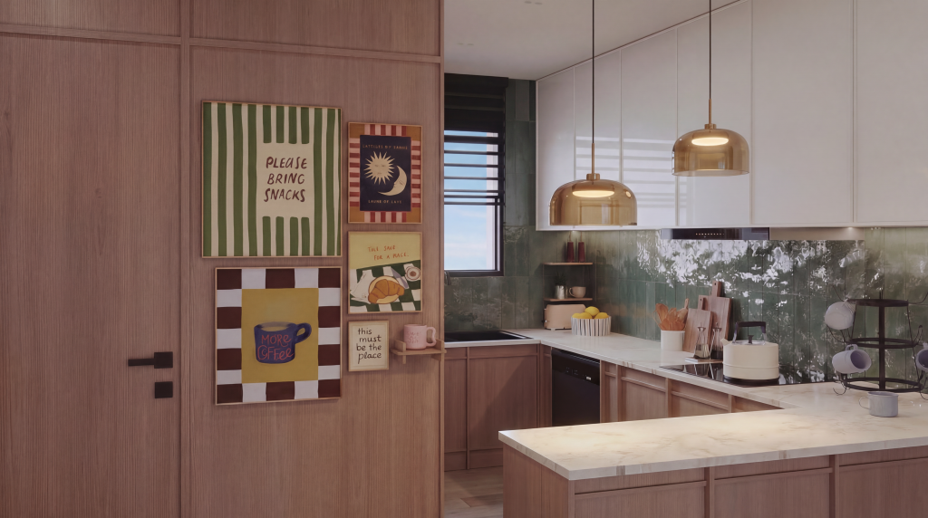 Open-plan kitchen with modern design, warm wood finishes, and seamless integration with living space