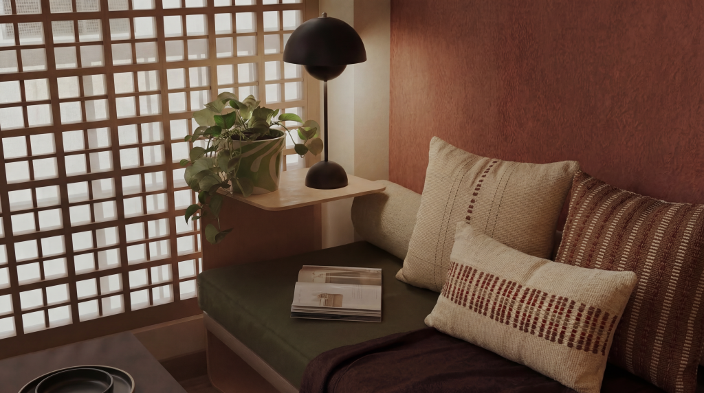 Close-up of balcony cushions highlighting textured fabric and soft neutral tones in outdoor seating design