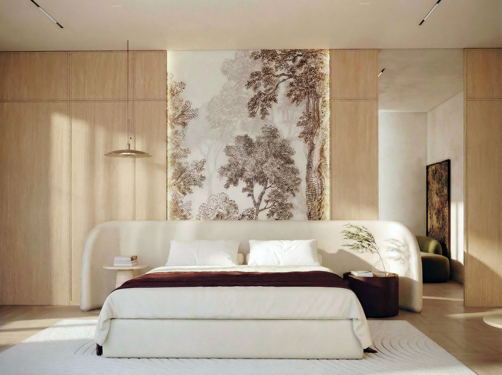 Master bedroom corner featuring accent chair and statement wallpaper adding texture and visual depth
