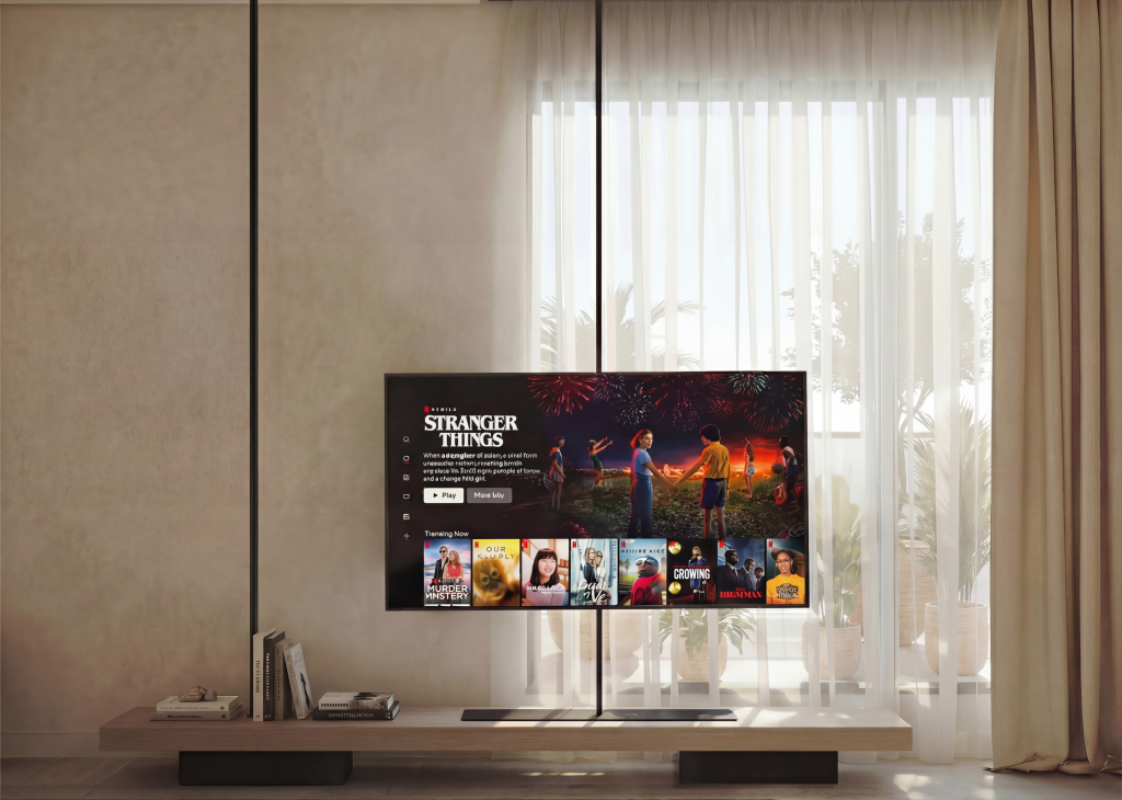 A modern wall-hanged TV unit in the master bedroom, designed with a sleek floating structure that enhances spatial lightness, featuring refined contemporary finishes with a balance of natural textures and minimalist detailing that complements the calm, elegant atmosphere of the room