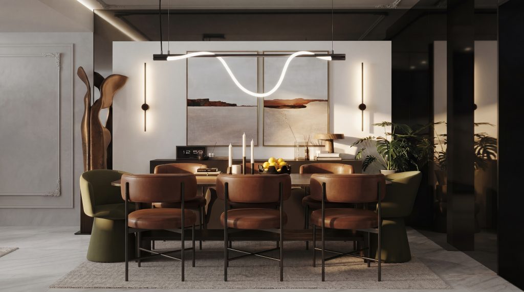 Elegant dining room with oval dark wood table, cognac leather barrel dining chairs, sculptural LED pendant light, abstract landscape wall art in gold frame, bronze organic floor sculpture, wall sconces, and indoor monstera plant