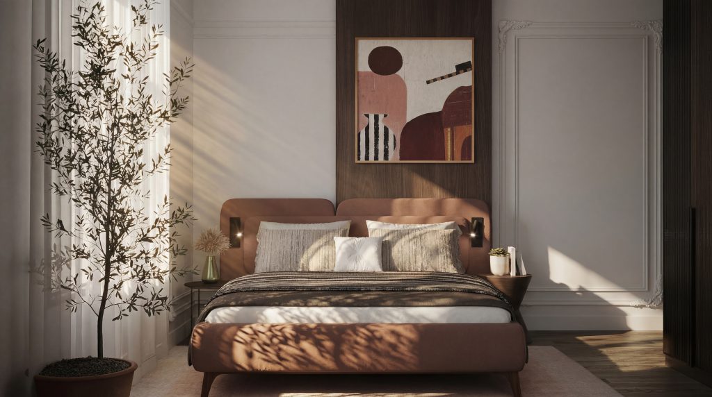 Elegant guest bedroom with terracotta fabric bed frame, abstract wall art on dark wood panel, white decorative wall moldings, and tall indoor olive tree by sheer curtains