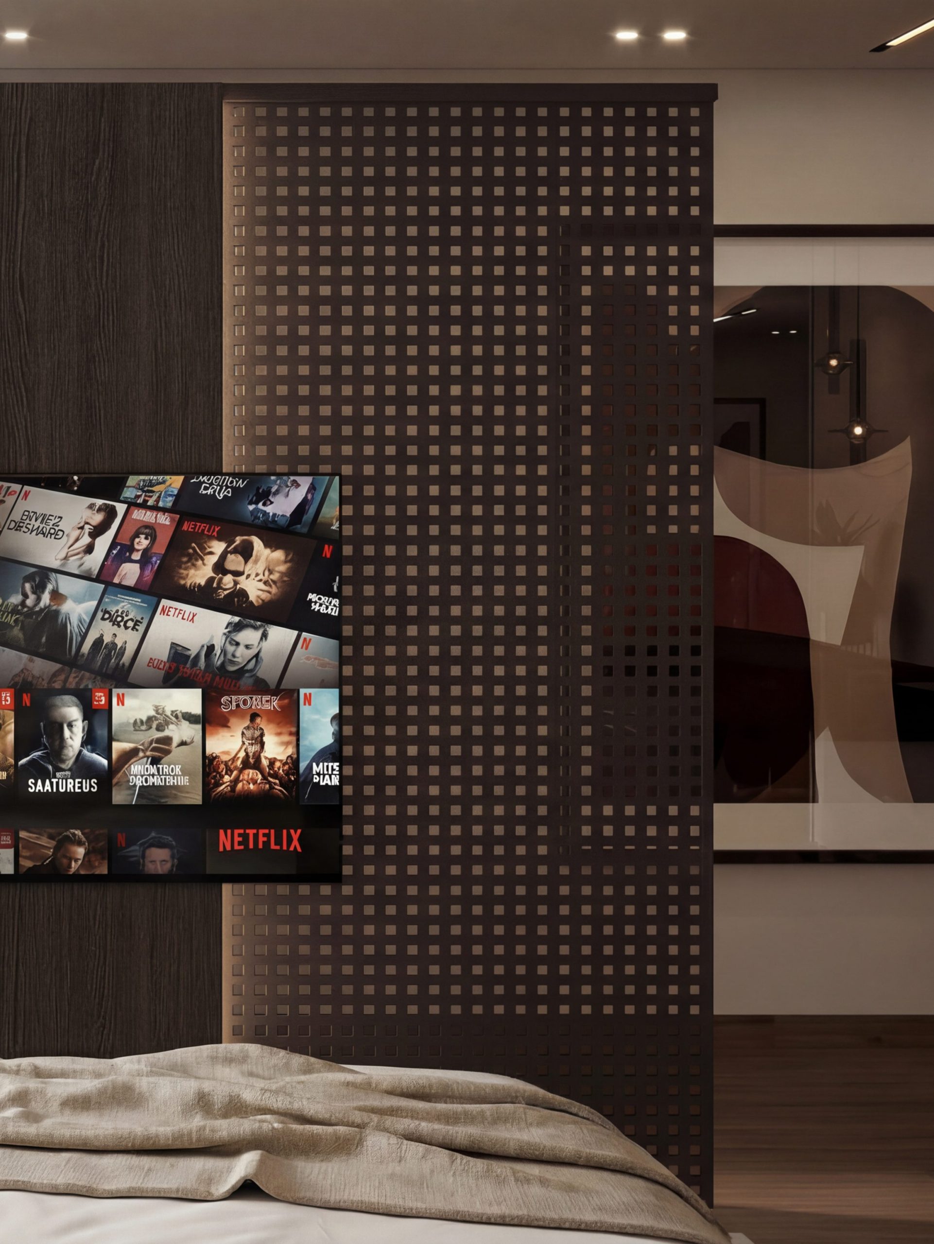 Master bedroom with wall-mounted flat screen TV on dark wood and perforated metal feature panel, neutral linen bedding, and framed abstract artwork