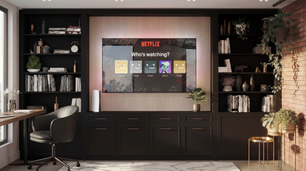 Home office and media room with dark built-in bookshelves, large wall-mounted television displaying Netflix, exposed brick accent wall, wooden desk, and hanging indoor plants