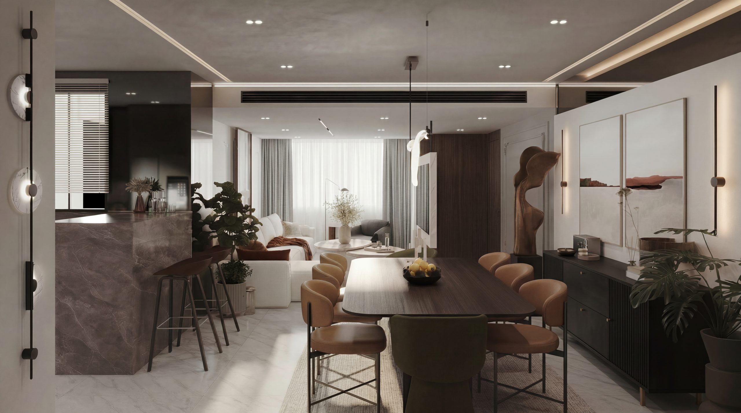 Spacious open-plan reception and dining area with dark oval dining table, cognac leather dining chairs, dark marble kitchen island, cream sofa, organic sculptural decor, and layered ceiling lighting