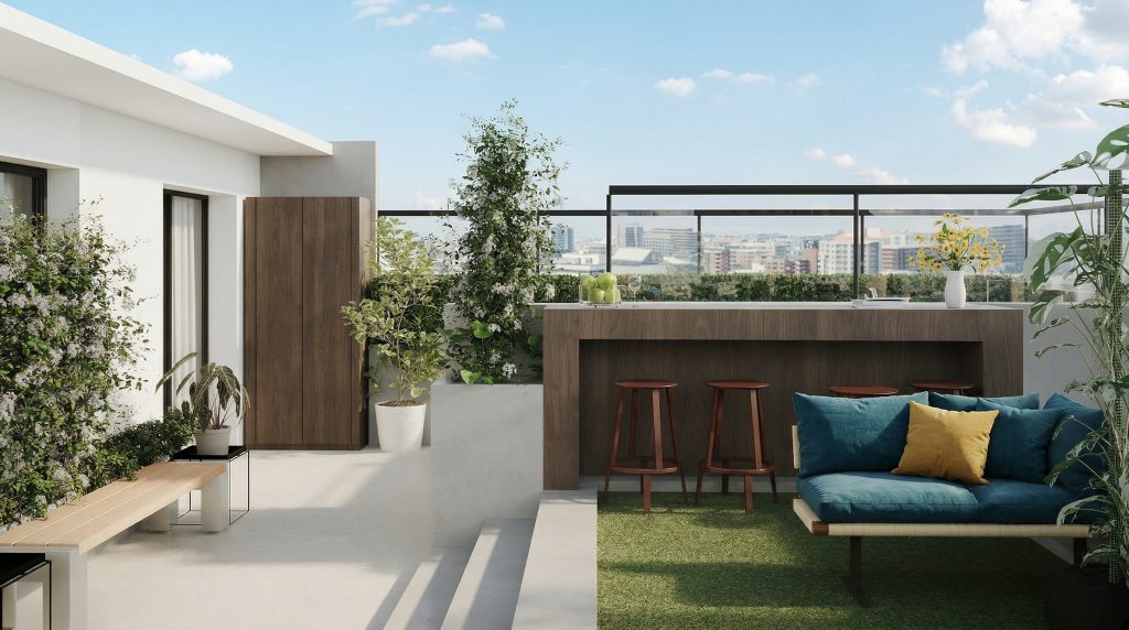 Modern rooftop terrace with outdoor walnut bar counter, terracotta bar stools, teal blue outdoor sofa with yellow accent cushion, artificial grass area, lush climbing plants, and panoramic city skyline view