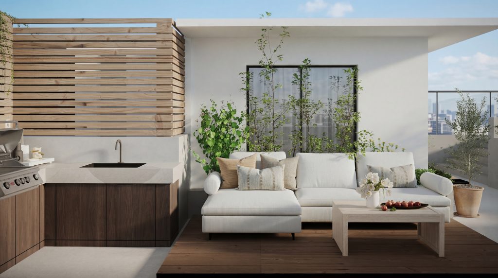Contemporary roof terrace outdoor kitchen with built-in gas grill, white stone countertop, dark walnut cabinetry, white sectional lounge sofa, wooden slatted privacy screen, and potted greenery with city view