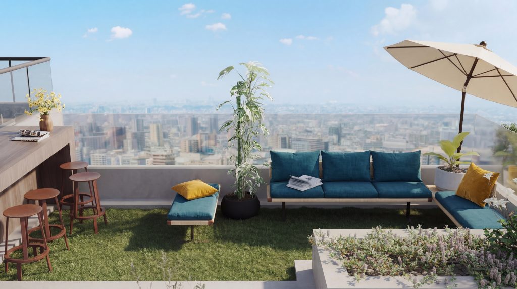 Luxury rooftop garden terrace with teal upholstered outdoor sofa set, yellow accent cushions, tall monstera plant, manicured grass lawn, raised flower bed, bar stools, and sweeping city skyline panorama