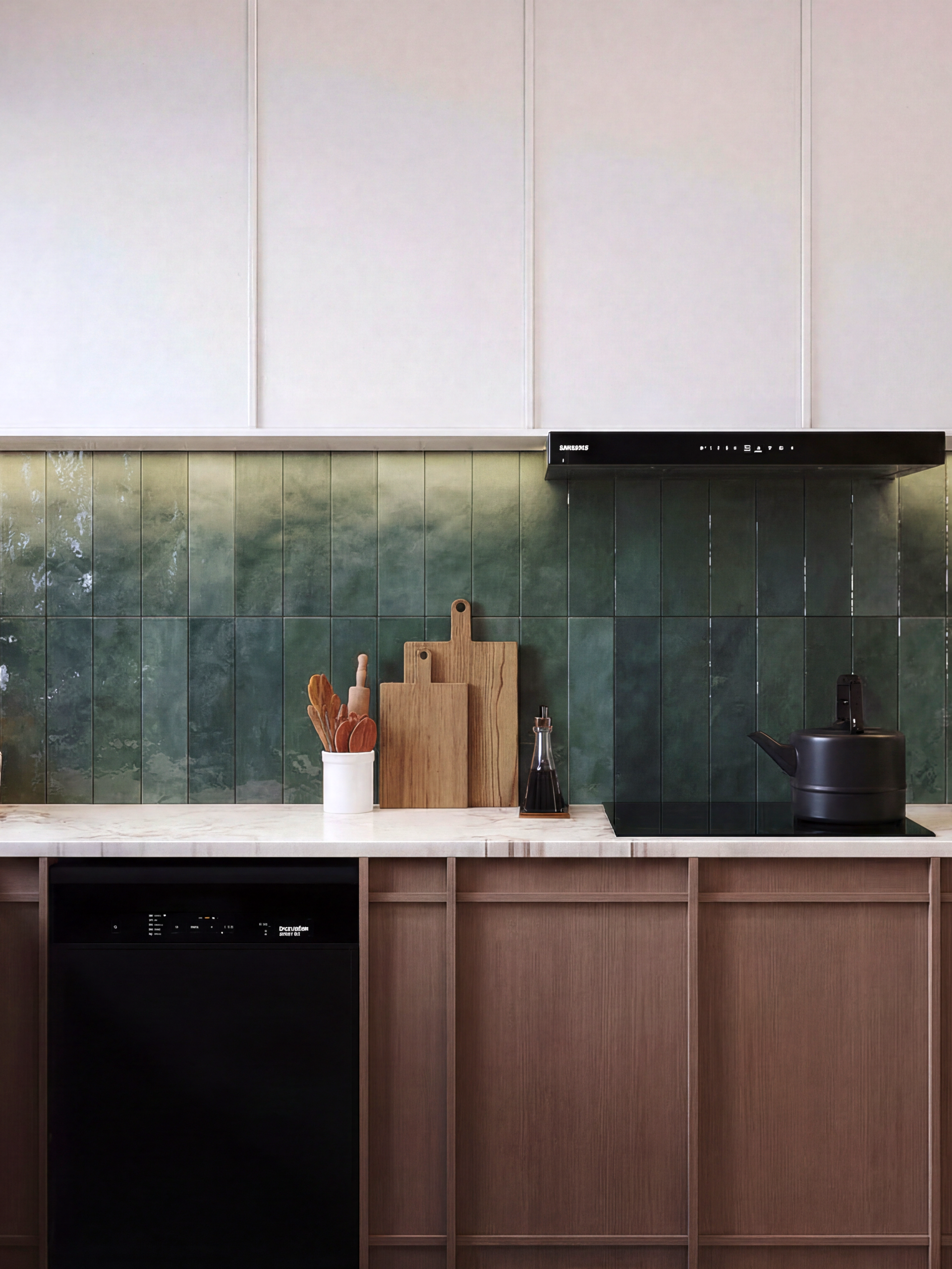 Modern kitchen interior featuring integrated dishwasher and green tile backsplash with fresh contemporary styling