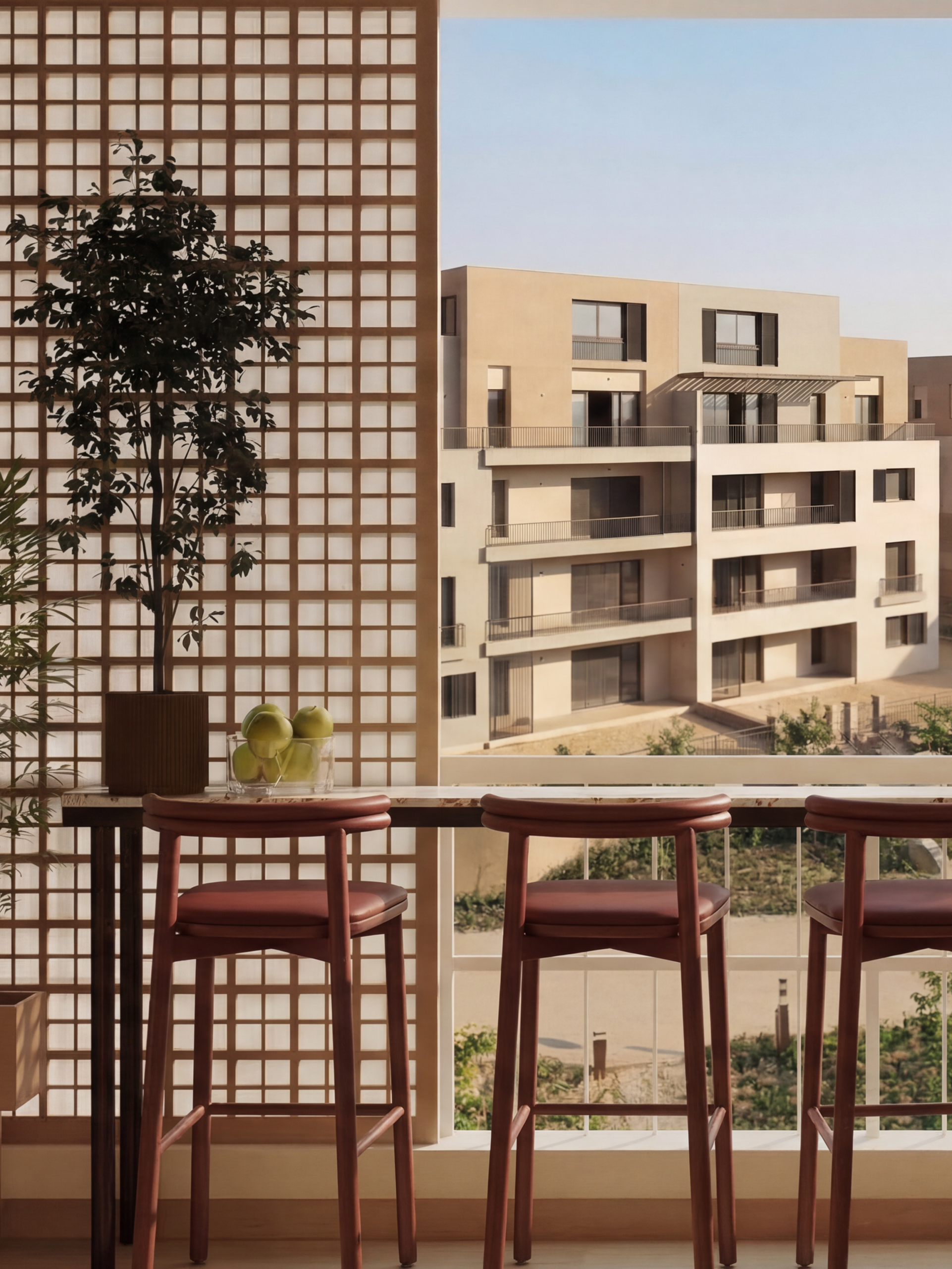 Open balcony view overlooking landscaped surroundings with natural light and airy atmosphere